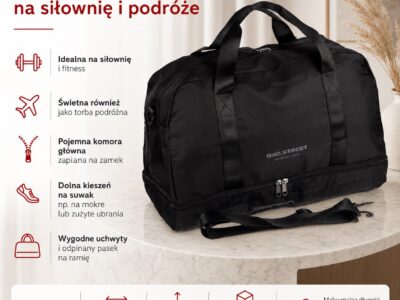 Czarna torba sportowa z przodu, z dolną kieszenią na suwak i paskiem na ramię