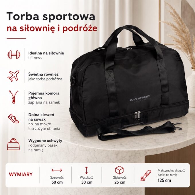Czarna torba sportowa z przodu, z dolną kieszenią na suwak i paskiem na ramię