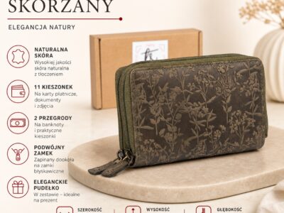 Zielony, dwukomorowy portfel damski skórzany na zamki błyskawiczne z tłoczeniem w kwiaty - obrazek 8