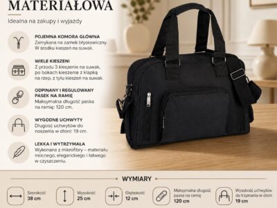 Lekka i pojemna materiałowa torba na zakupy / turystyczna czarna - obrazek 10