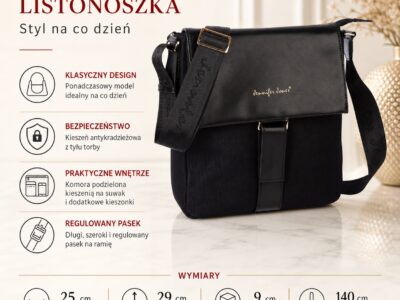 Czarna elegancka prostokątna torebka damska na ramię z klapką Jennifer Jones - obrazek 9