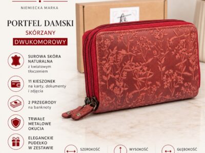 Czerwony, dwukomorowy portfel damski skórzany na zamki błyskawiczne z tłoczeniem w kwiaty - obrazek 10