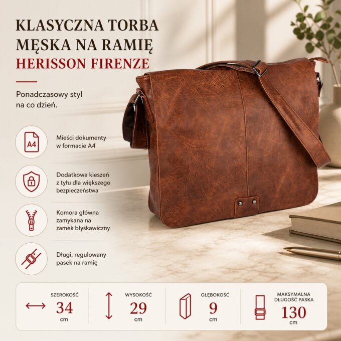 Brązowa męska torba na ramię z klapą, widok z przodu i regulowany pasek