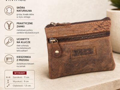 Brązowe skórzane etui na klucze z przodu z zamkiem i kieszonką, vintage