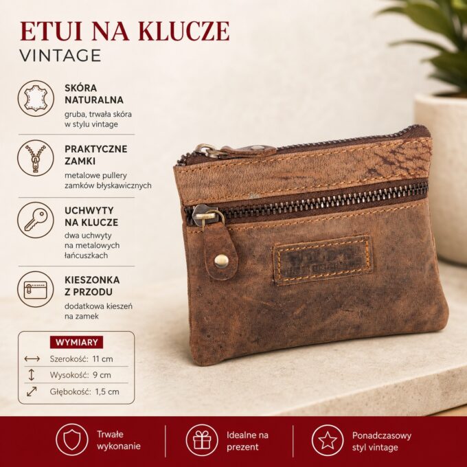 Brązowe skórzane etui na klucze z przodu z zamkiem i kieszonką, vintage