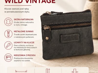 Czarne skórzane etui na klucze z przodu, z suwakiem i kieszonką, vintage