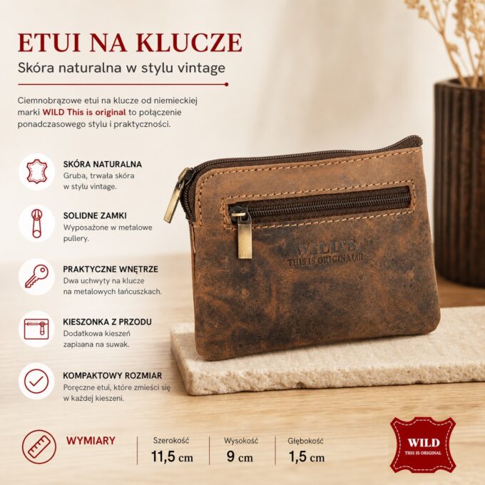 Ciemnobrązowe skórzane etui na klucze z przodu, z kieszonką na suwak