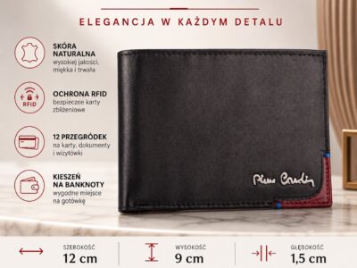 Elegancki, skórzany, cienki portfel męski w kolorze czarnym z czerwonym narożnikiem Pierre Cardin - obrazek 8