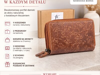 Koniakowy, dwukomorowy portfel damski skórzany na zamki błyskawiczne z tłoczeniem w kwiaty - obrazek 9