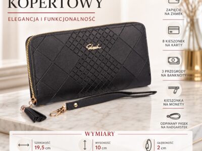Czarny, duży portfel damski kopertowy, zapinany dookoła na zamek błyskawiczny - obrazek 5