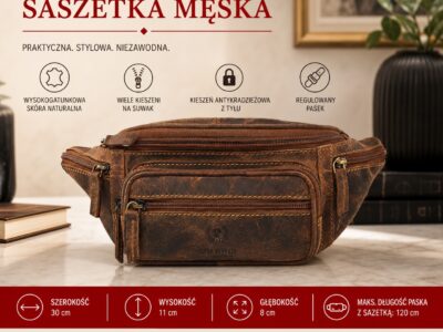 Ciemnobrązowa skórzana saszetka męska biodrowa nerka vintage Paolo Peruzzi - obrazek 10