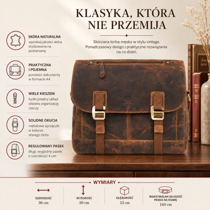 Brązowa skórzana torba męska vintage z przodu, z klapą i metalowymi sprzączkami
