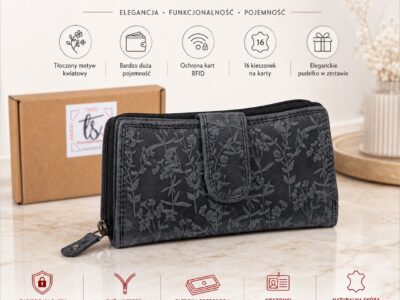 Duży, czarny portfel damski z naturalnej skóry, ozdobiony tłoczonym motywem roślinnym - obrazek 11