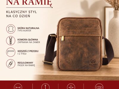 Brązowa skórzana saszetka męska na ramię, widok z przodu z paskiem i kieszenią