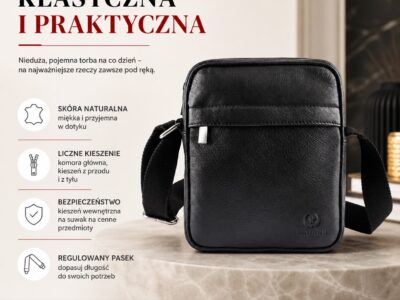 Czarna, mała skórzana saszetka męska na ramię na co dzień Paolo Peruzzi - obrazek 9