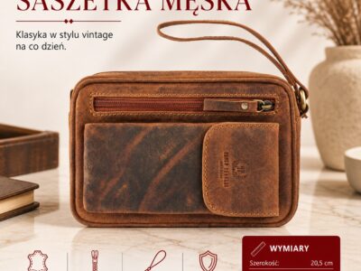 Brązowa skórzana saszetka męska z przodu, z kieszenią na zamek i paskiem do ręki