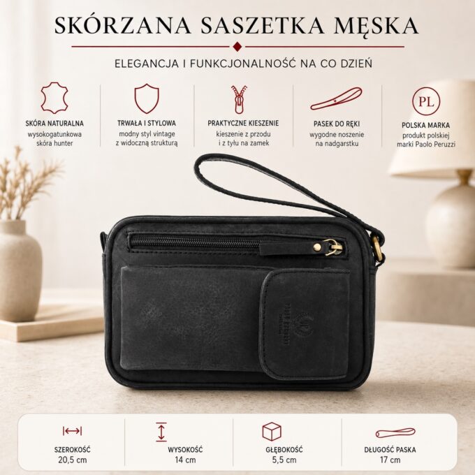 Czarna skórzana saszetka męska z przodu, z kieszenią i paskiem do ręki