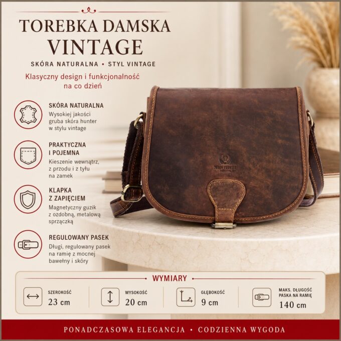 Brązowa skórzana torebka damska vintage, ujęcie z przodu, zamknięta klapka