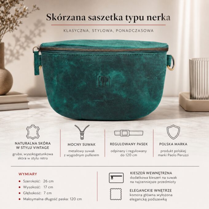 Turkusowa skórzana nerka damska Paolo Peruzzi, widok z przodu z suwakiem