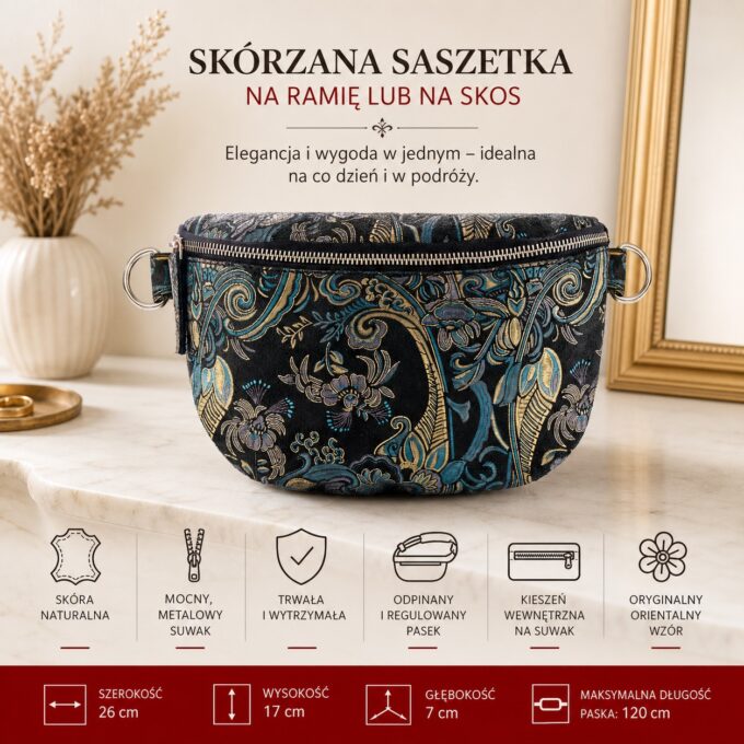 Przód skórzanej saszetki nerki z orientalnym wzorem, zamkniętej, z metalowym suwakiem