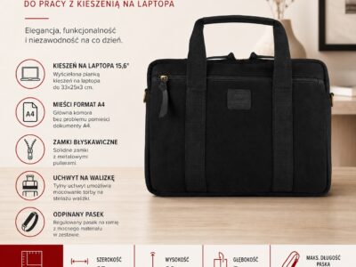 Czarna torba męska na laptopa, ujęcie z przodu, z uchwytami i kieszenią