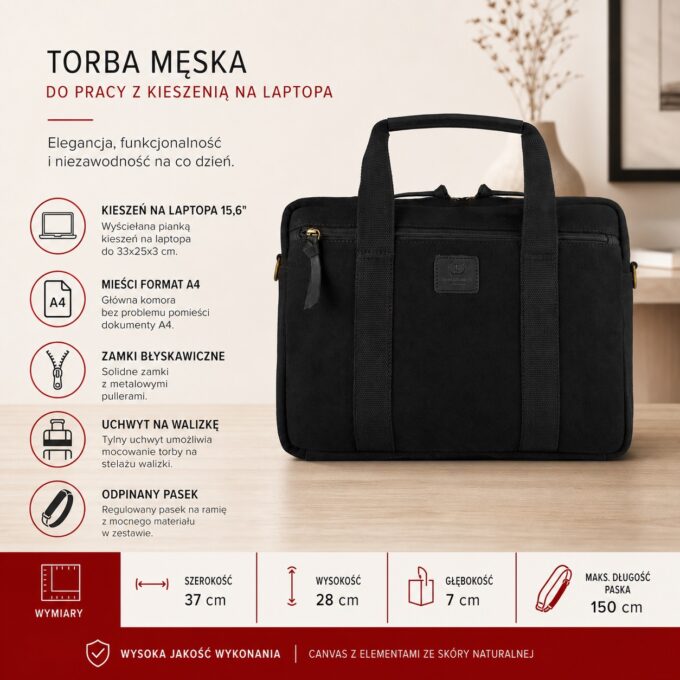 Czarna torba męska na laptopa, ujęcie z przodu, z uchwytami i kieszenią