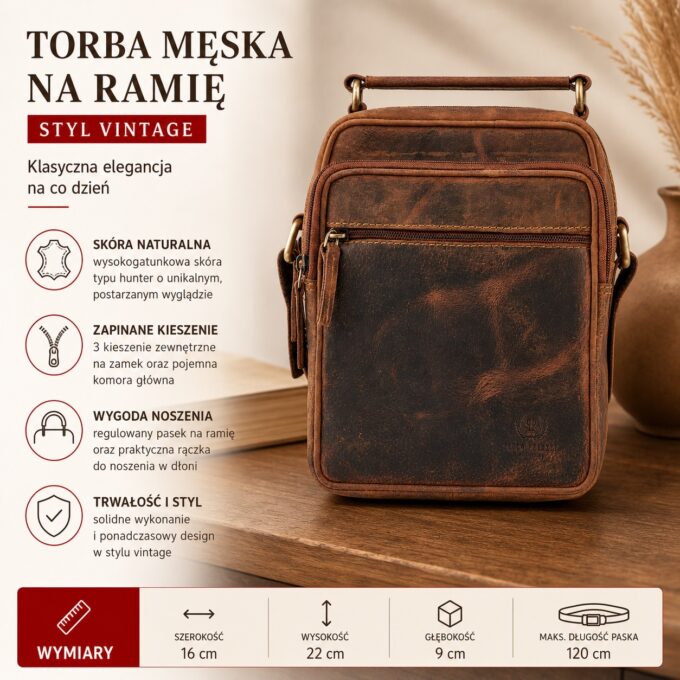 Brązowa skórzana torba męska vintage, widok z przodu z kieszenią na zamek