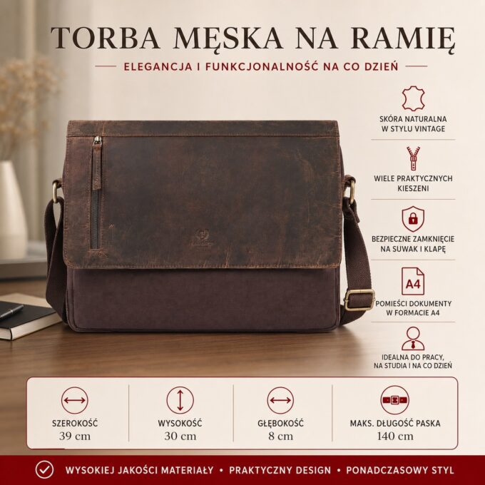 Brązowa torba męska na ramię z klapą, widok z przodu, skóra vintage