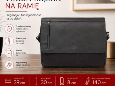 Czarna męska torba na ramię z klapą, widok z przodu