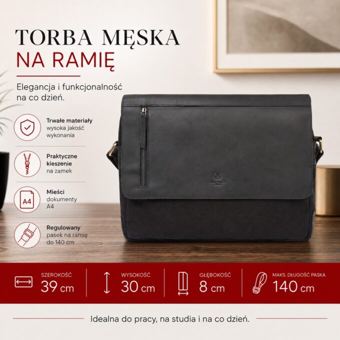 Czarna męska torba na ramię z klapą, widok z przodu