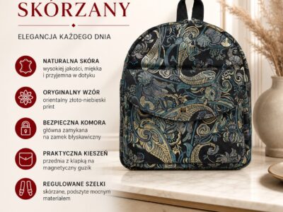 Czarny skórzany plecak damski z orientalnym wzorem, przód z kieszenią i klapką