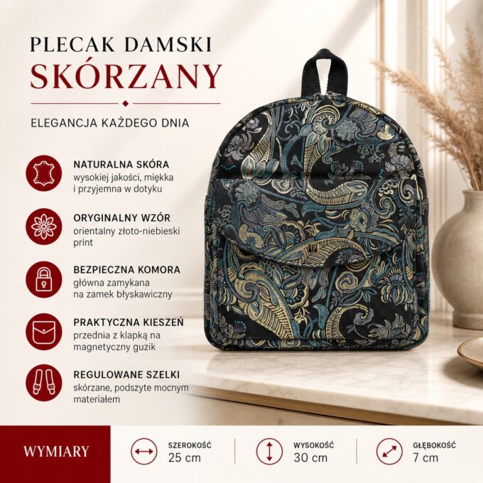 Czarny skórzany plecak damski z orientalnym wzorem, przód z kieszenią i klapką