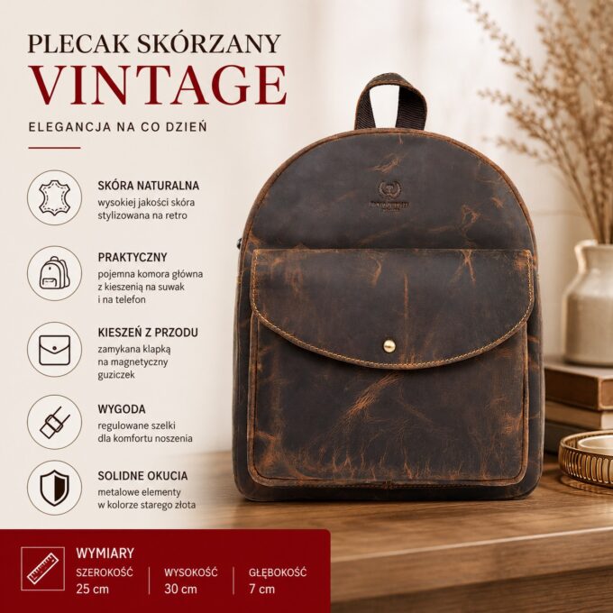 Brązowy skórzany plecak vintage z przodu, z kieszenią i klapką