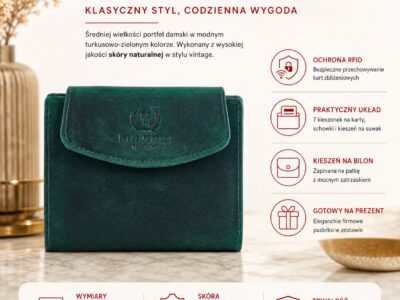 Zamknięty turkusowy portfel damski ze skóry naturalnej, widok z przodu