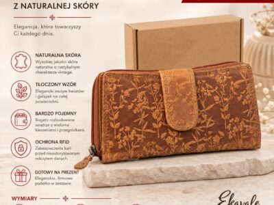 Duży, jasnobrązowy portfel damski z naturalnej skóry, ozdobiony tłoczonym motywem roślinnym - obrazek 10