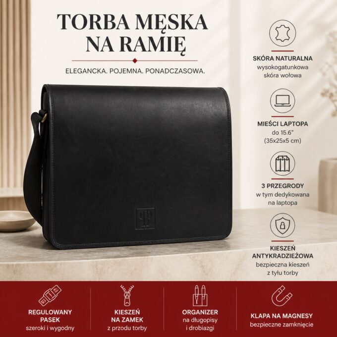 Czarna skórzana torba męska z klapą, widok z przodu