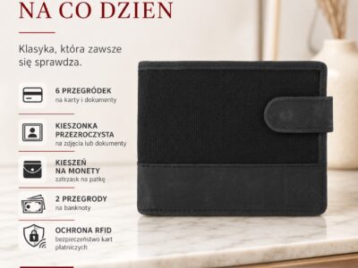Czarny portfel męski Paolo Peruzzi z canvasu i skóry, widok z przodu