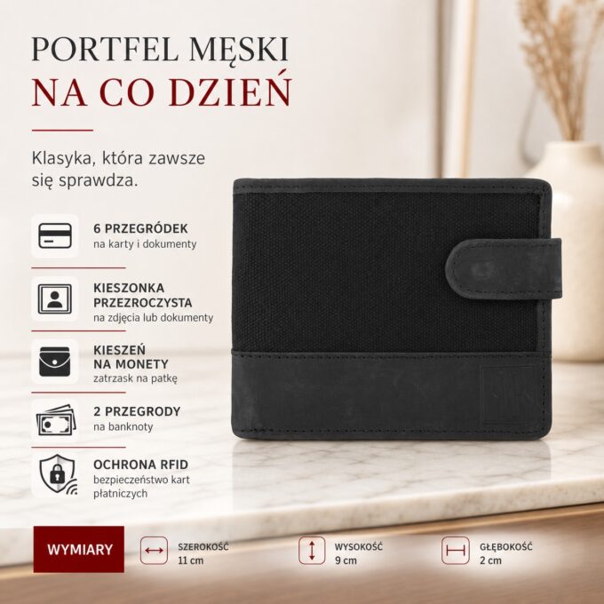 Czarny portfel męski Paolo Peruzzi z canvasu i skóry, widok z przodu