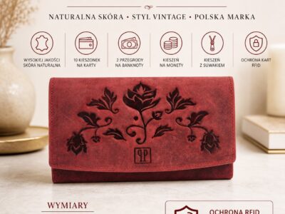 Czerwony portfel damski z tłoczonym kwiatowym wzorem, widok z przodu