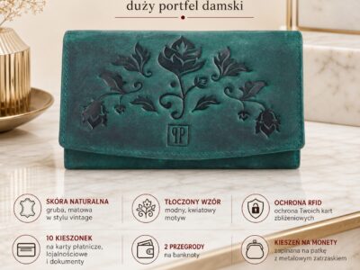Zielony damski portfel ze skóry naturalnej z tłoczonym kwiatowym wzorem, widok z przodu