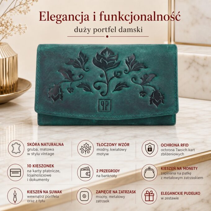 Zielony damski portfel ze skóry naturalnej z tłoczonym kwiatowym wzorem, widok z przodu