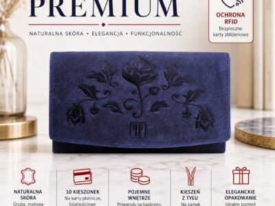 Granatowy portfel damski z tłoczonym wzorem, zamknięty, ujęcie z przodu