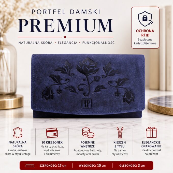 Granatowy portfel damski z tłoczonym wzorem, zamknięty, ujęcie z przodu