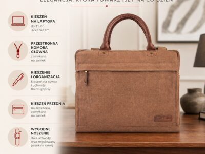 Duża, elegancka, materiałowa torba męska do pracy w kolorze brązowym A4 na laptopa - obrazek 8