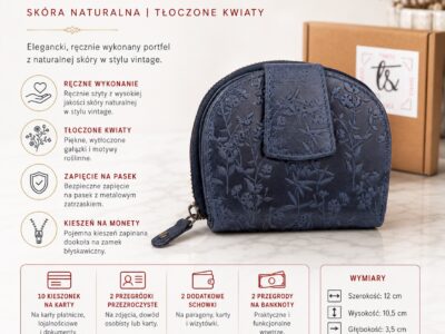 Granatowy, półokrągły pojemny portfel damski skórzany z tłoczeniem w kwiaty - obrazek 11