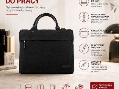Duża, elegancka, materiałowa torba męska do pracy w kolorze czarnym A4 na laptopa - obrazek 8