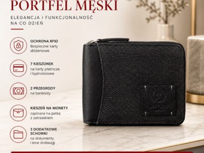 Czarny, pojemny portfel męski zapinany dookoła na zamek błyskawiczny RFID - obrazek 11