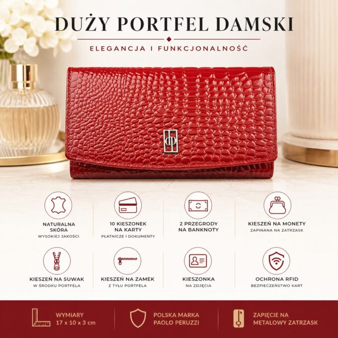 Zamknięty czerwony lakierowany portfel croco z logo Paolo Peruzzi