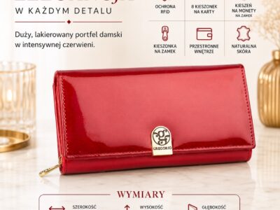 Duży, poziomy, lakierowany portfel damski w kolorze czerwonym Gregorio - obrazek 8