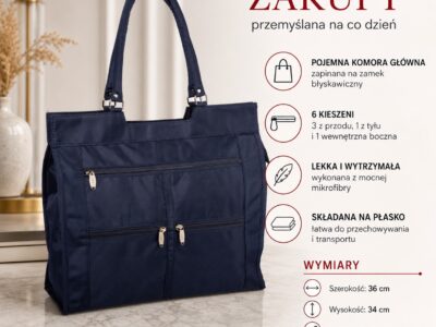 Torba na zakupy granatowa z mocnego materiału - mikrofiby pojemny - obrazek 8